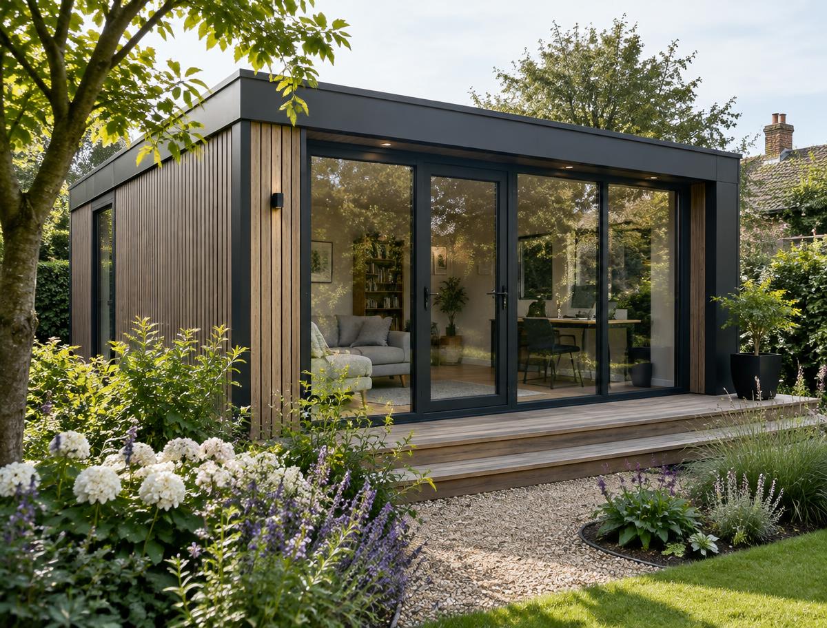Illustrative contemporary timber and dark metal garden studio