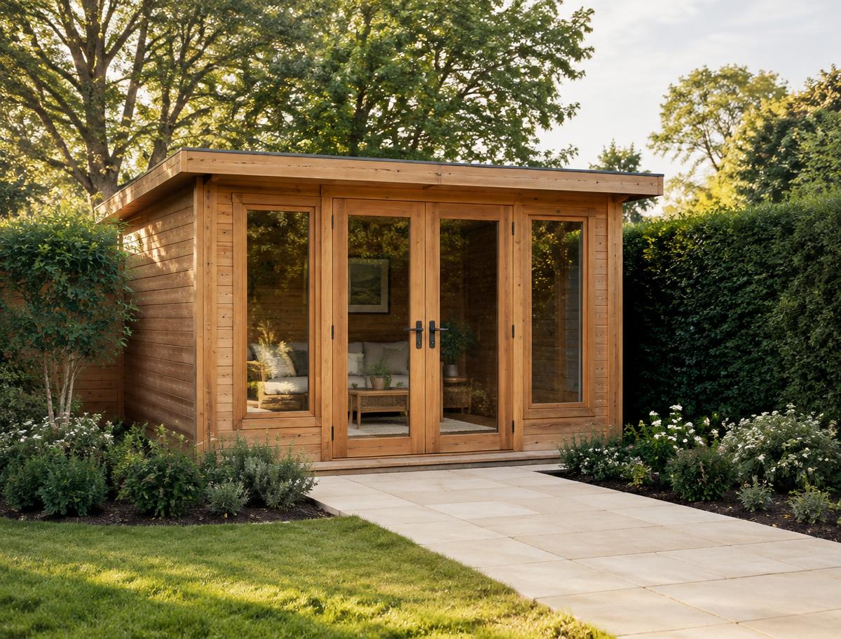Illustrative glazed timber summerhouse in a British garden