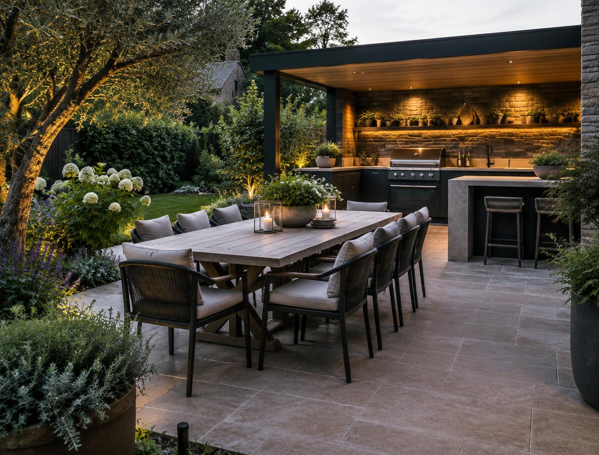 Illustrative outdoor kitchen and dining terrace in a British garden