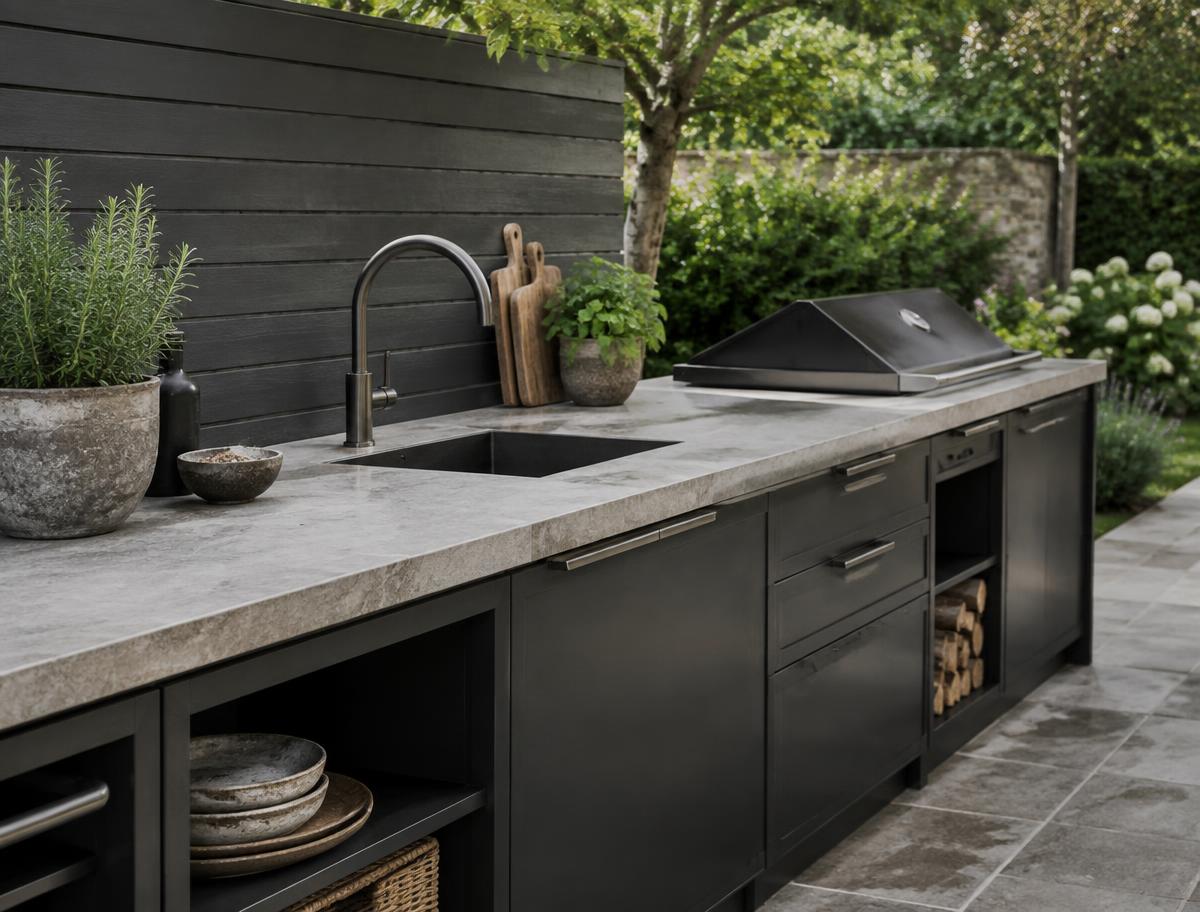 Illustrative dark outdoor kitchen preparation run with stone worktop