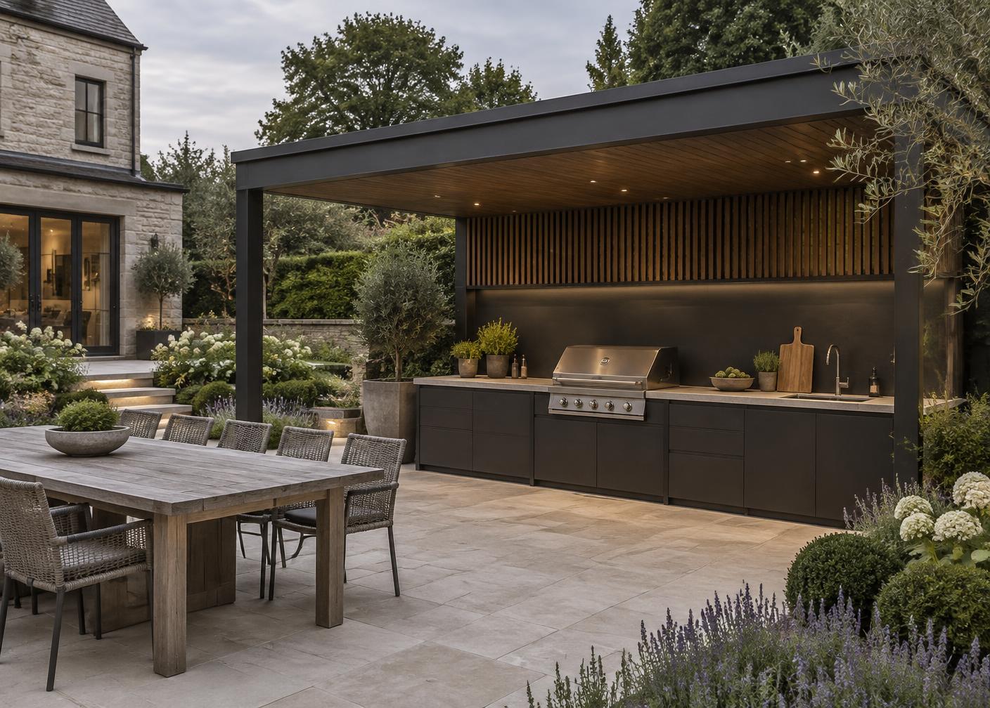 Illustrative premium covered outdoor kitchen in a landscaped British garden