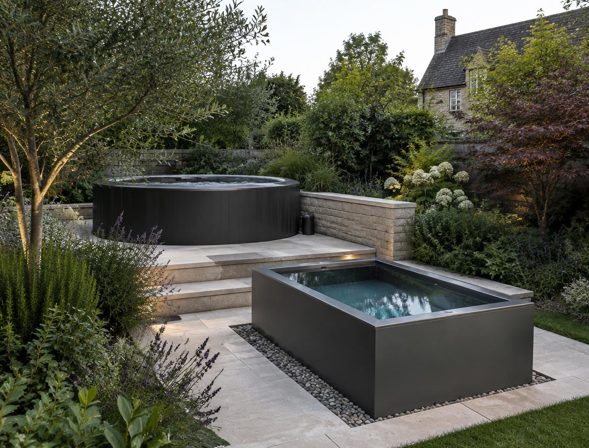 Illustrative dark hot tub and compact cold plunge in a garden
