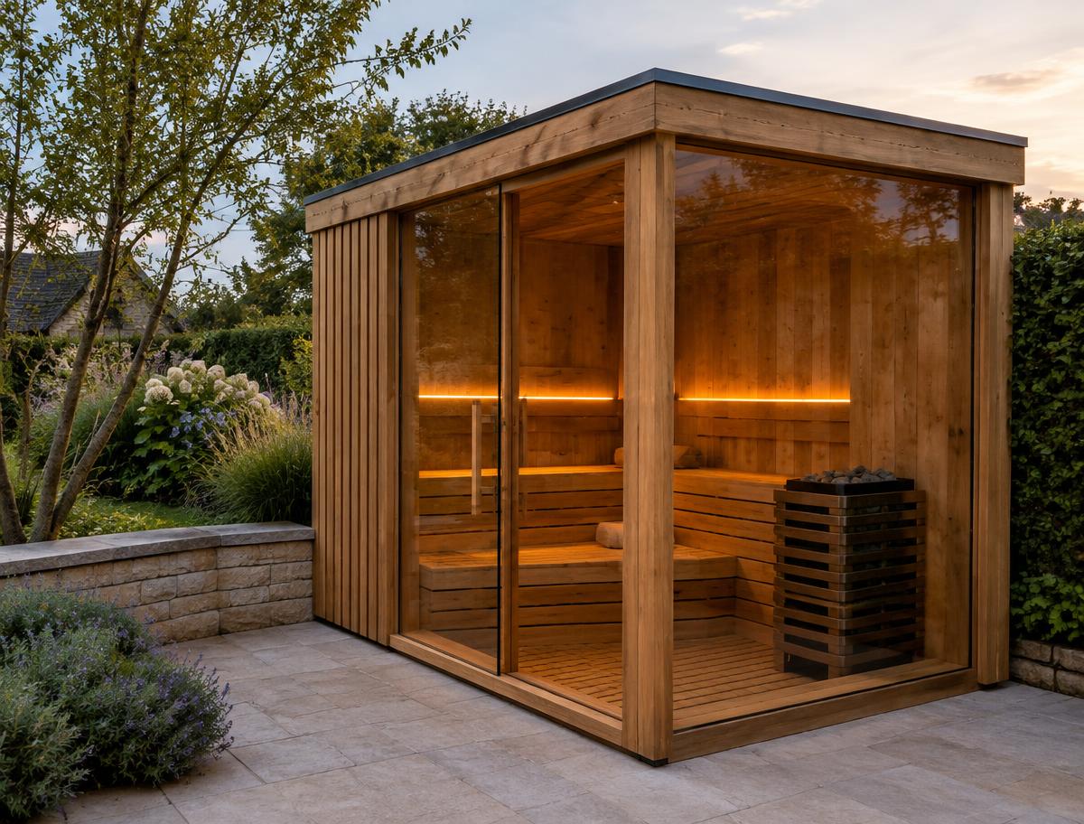 Illustrative timber and glass outdoor sauna